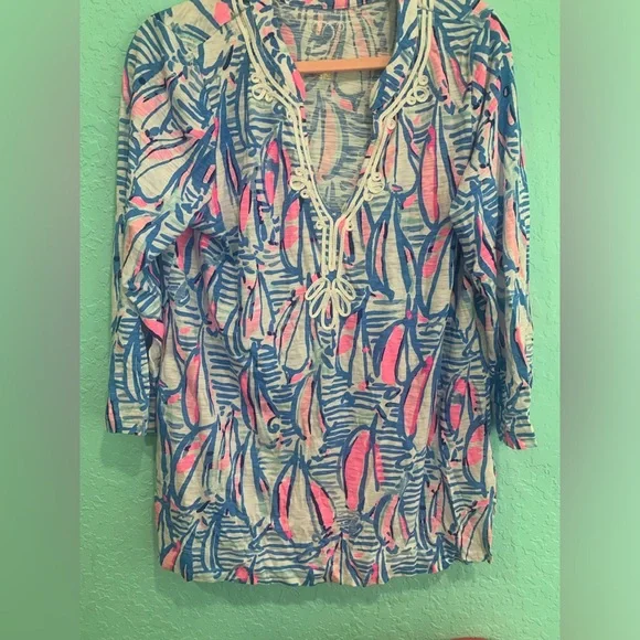 Lilly Pulitzer Pink Blue Printed V-Neck Kaia tunic L boats coastal preppy - Picture 1 of 4